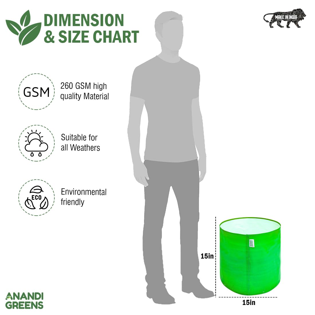 Anandi Green's Hdpe Uv Protected 260 GSM Round Green Colour Plants Grow Bags Suitable for Terrace and Vegetable Gardening 18x6 inch Pack of 4
