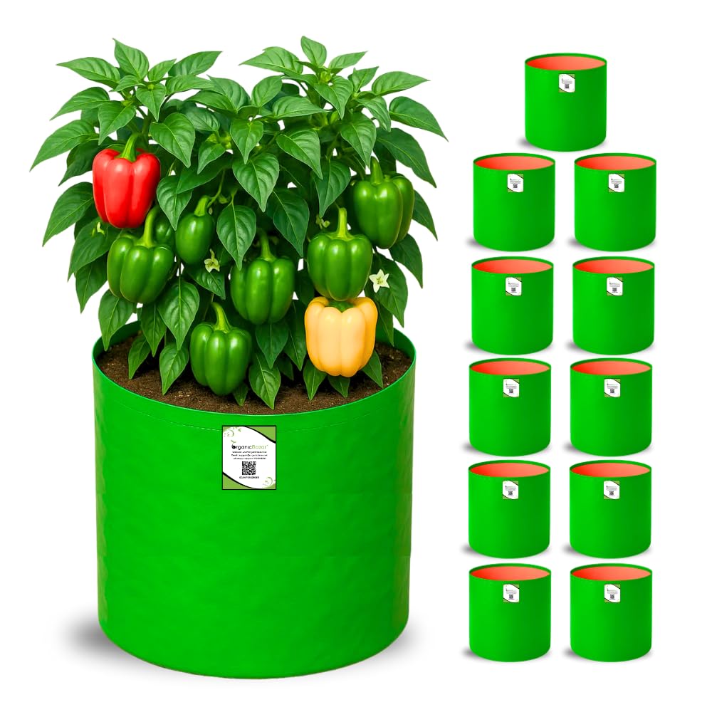 ORGANIC BAZAR 12x12 Grow Bags for Terrace Garden, Premium HDPE Green-Orange Planters for Vegetable Plants for Indoor-Outdoor Garden (Pack of 10)