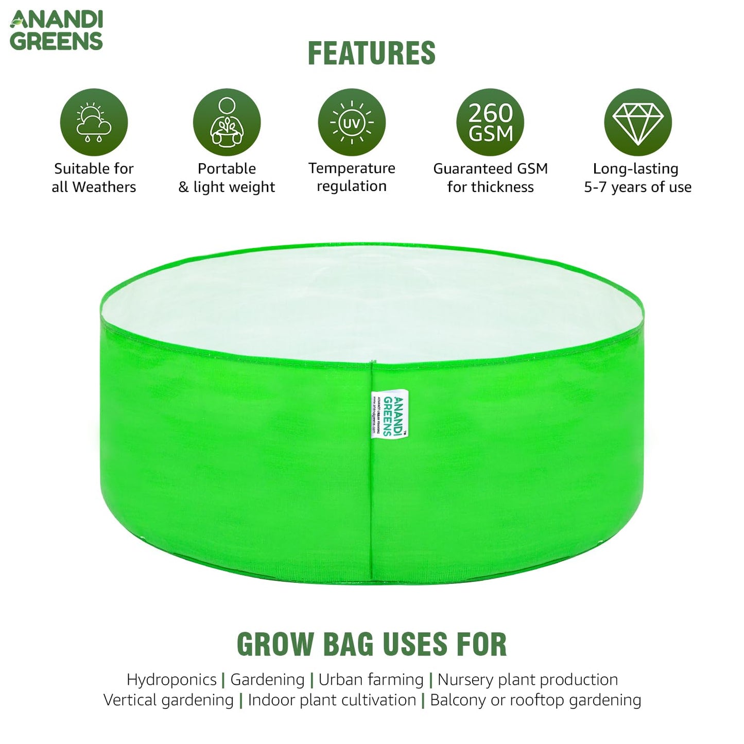 Anandi Green's Hdpe Uv Protected 260 GSM Round Green Colour Plants Grow Bags Suitable for Terrace and Vegetable Gardening 18x6 inch Pack of 4