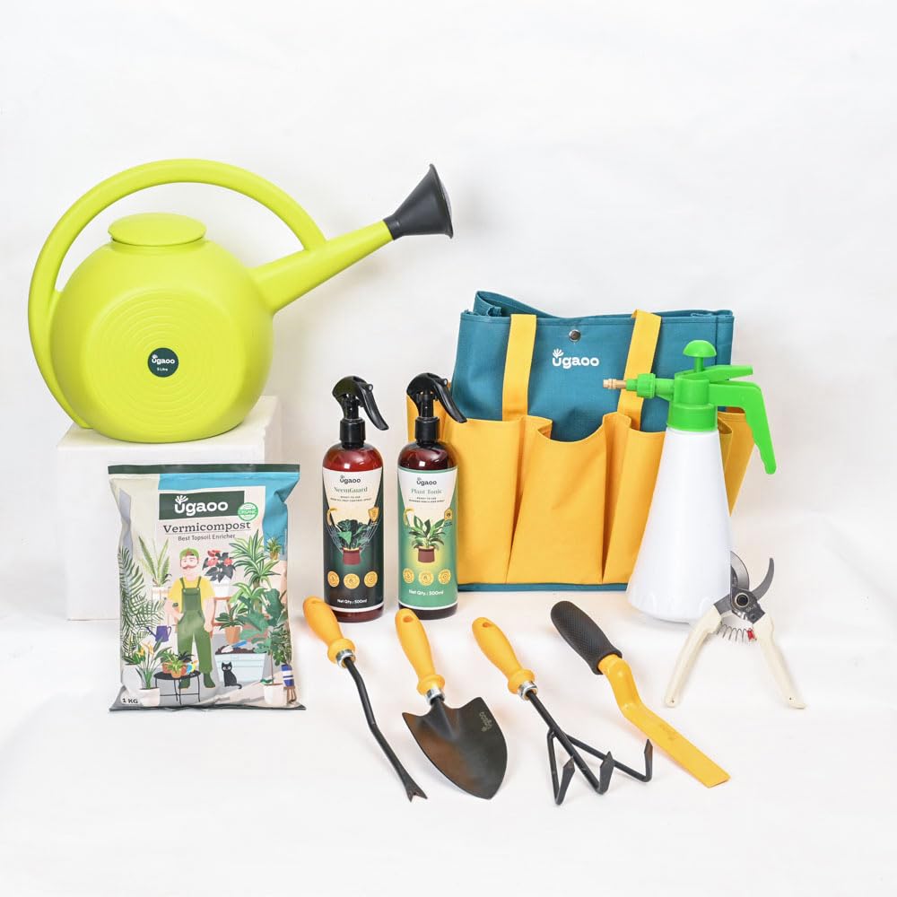 UGAOO Outdoor Gardening Tool Kit for Balcony, Home | 10 Pcs | Cultivator, Weeder, Trowel, Pruner, Spray Pump, Watering Can Vermicompost, Plant Tonic Spray, Neem Guard Spray, Gloves