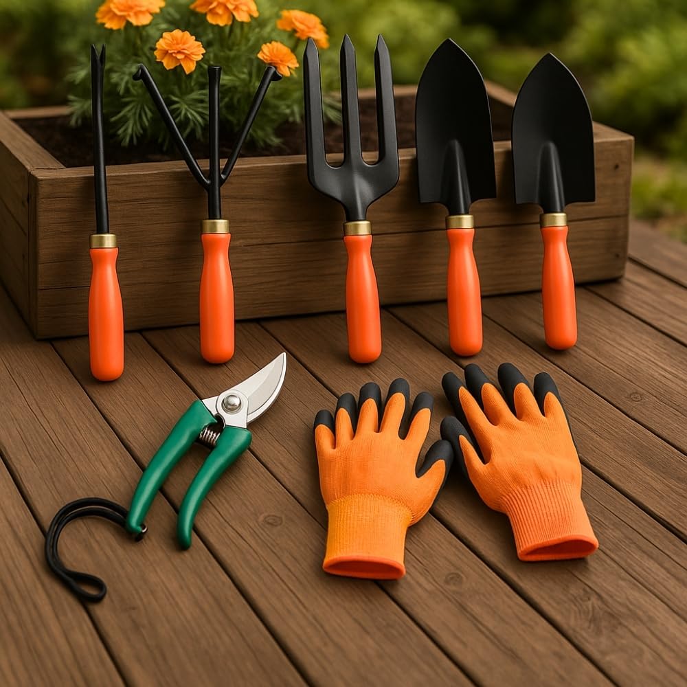 Kraft Seeds Home Tools: 7Pcs Gardening Tools Kit for Home Garden - Cultivator, Fork, Trowels, Weeder, Gloves, Pruner Cutter - Durable Stainless Steel Gardening Items for Indoor and Outdoor Use