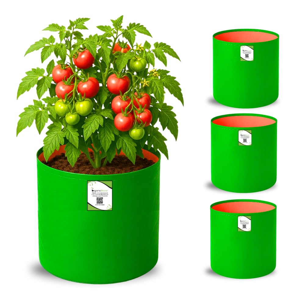 ORGANIC BAZAR 12x12 Grow Bags for Terrace Garden, Premium HDPE Green-Orange Planters for Vegetable Plants for Indoor-Outdoor Garden (Pack of 10)