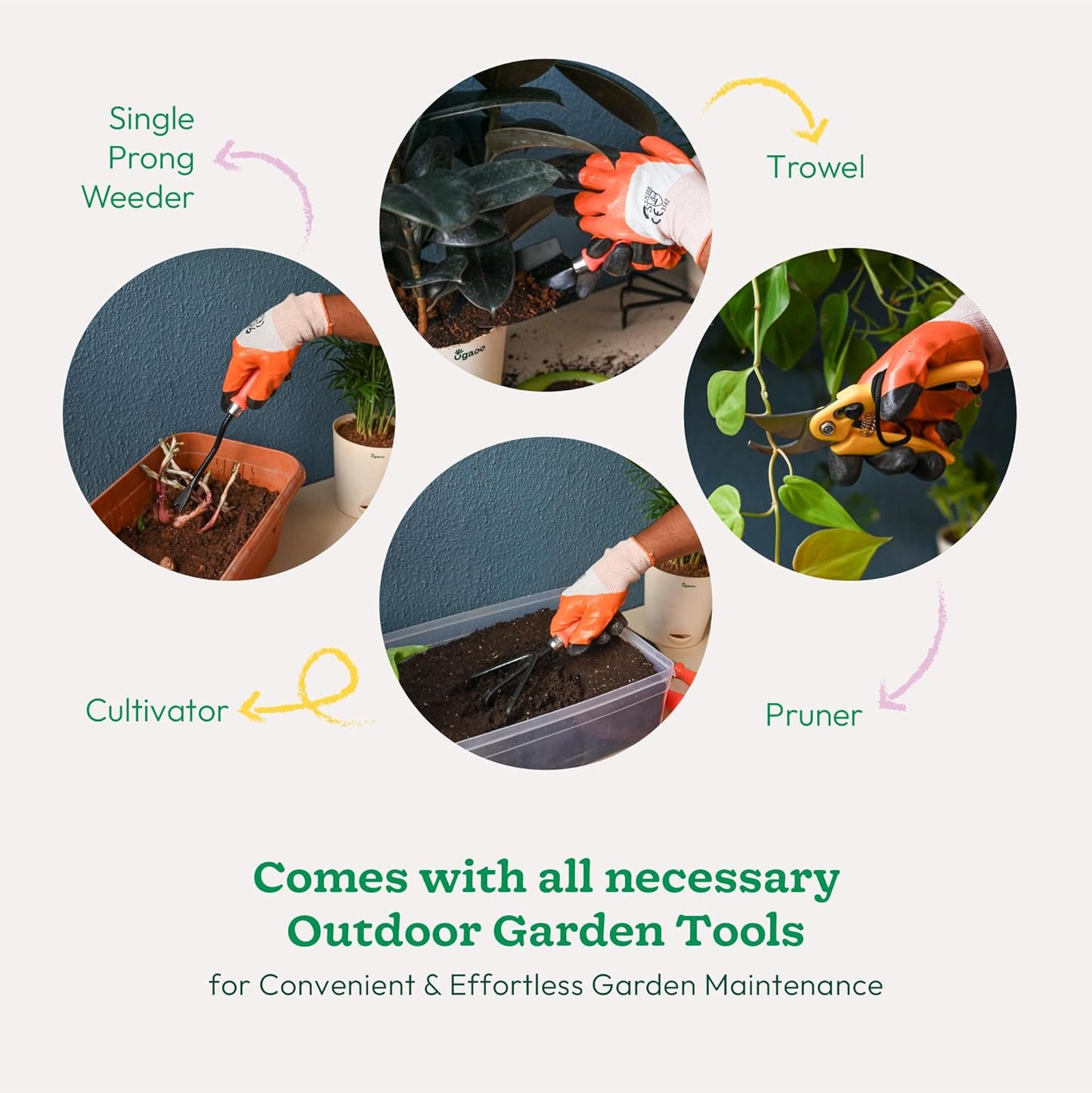 UGAOO Outdoor Gardening Tool Kit for Balcony, Home | 10 Pcs | Cultivator, Weeder, Trowel, Pruner, Spray Pump, Watering Can Vermicompost, Plant Tonic Spray, Neem Guard Spray, Gloves