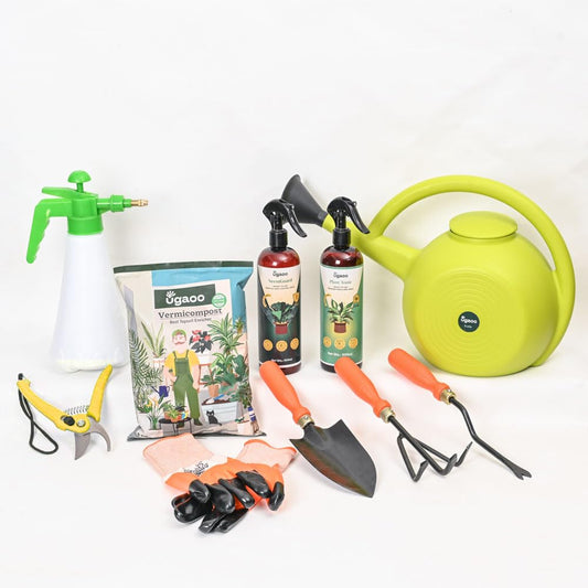 UGAOO Outdoor Gardening Tool Kit for Balcony, Home | 10 Pcs | Cultivator, Weeder, Trowel, Pruner, Spray Pump, Watering Can Vermicompost, Plant Tonic Spray, Neem Guard Spray, Gloves