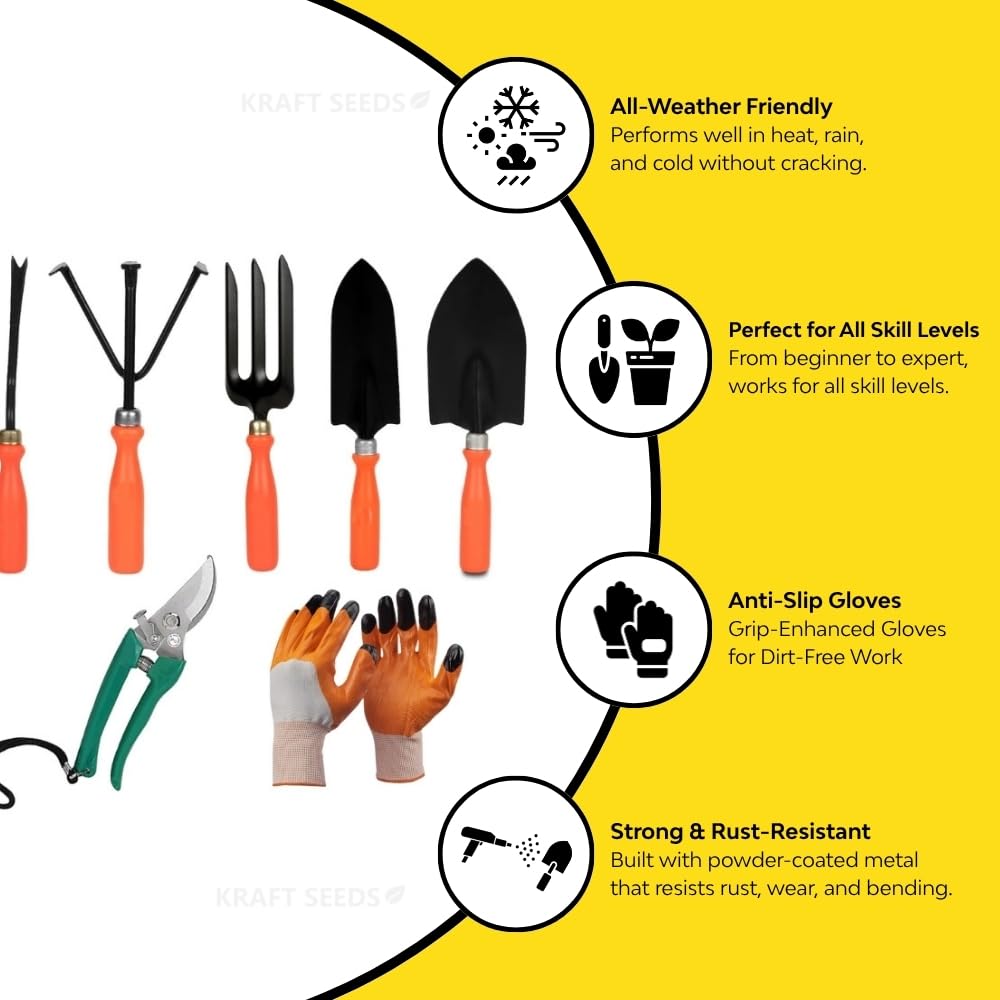 Kraft Seeds Home Tools: 7Pcs Gardening Tools Kit for Home Garden - Cultivator, Fork, Trowels, Weeder, Gloves, Pruner Cutter - Durable Stainless Steel Gardening Items for Indoor and Outdoor Use