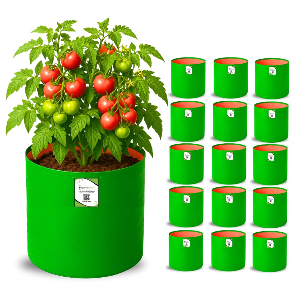 ORGANIC BAZAR 12x12 Grow Bags for Terrace Garden, Premium HDPE Green-Orange Planters for Vegetable Plants for Indoor-Outdoor Garden (Pack of 10)