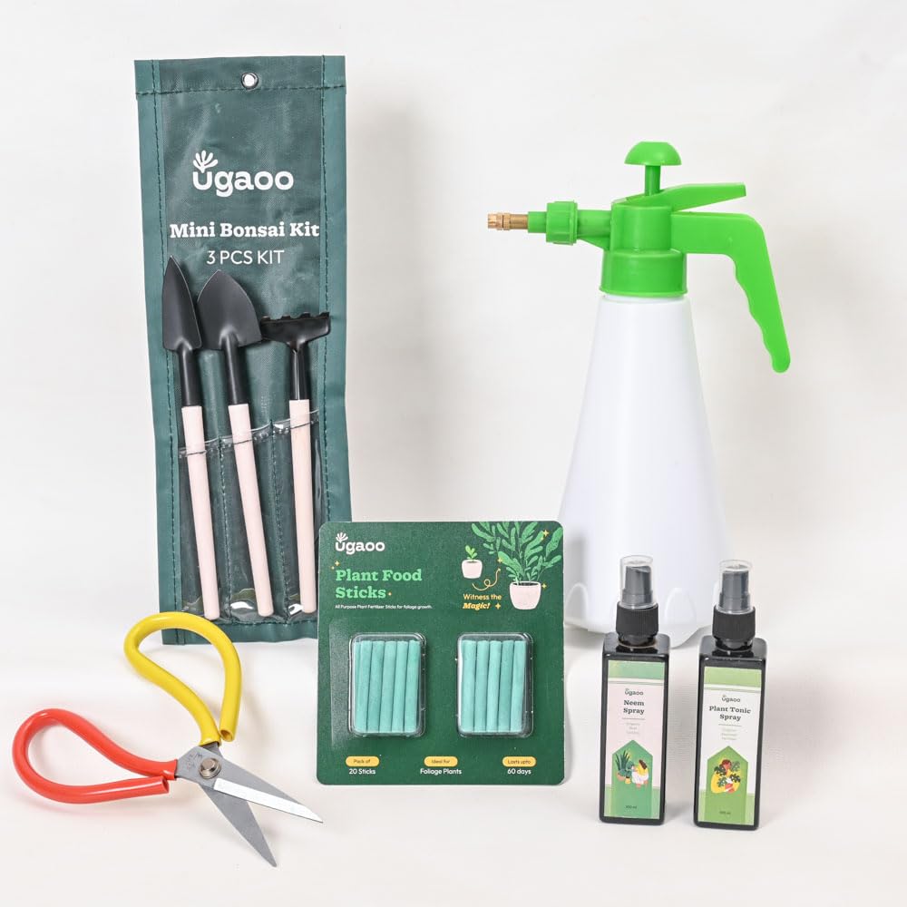 UGAOO Outdoor Gardening Tool Kit for Balcony, Home | 10 Pcs | Cultivator, Weeder, Trowel, Pruner, Spray Pump, Watering Can Vermicompost, Plant Tonic Spray, Neem Guard Spray, Gloves