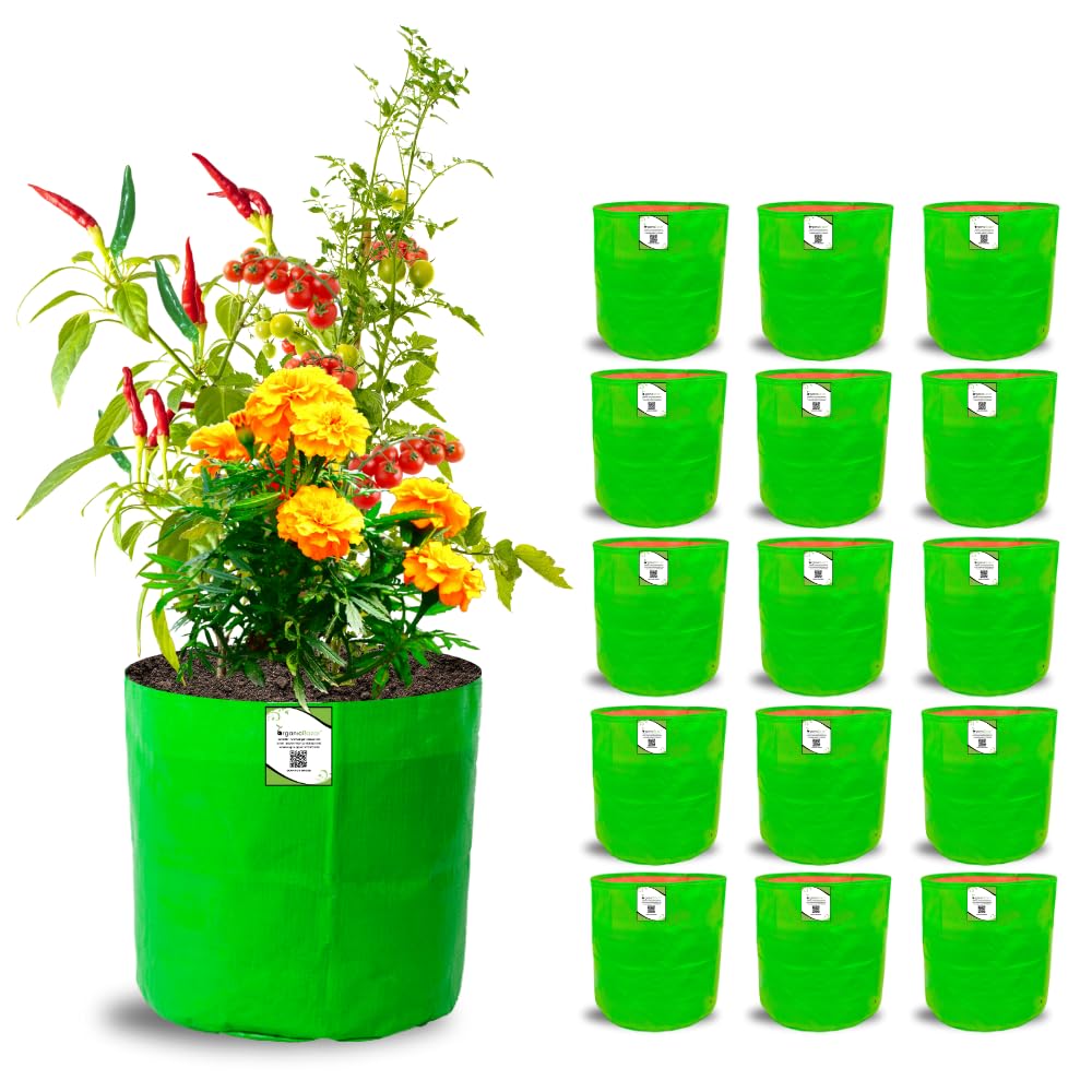 ORGANIC BAZAR 12x12 Grow Bags for Terrace Garden, Premium HDPE Green-Orange Planters for Vegetable Plants for Indoor-Outdoor Garden (Pack of 10)
