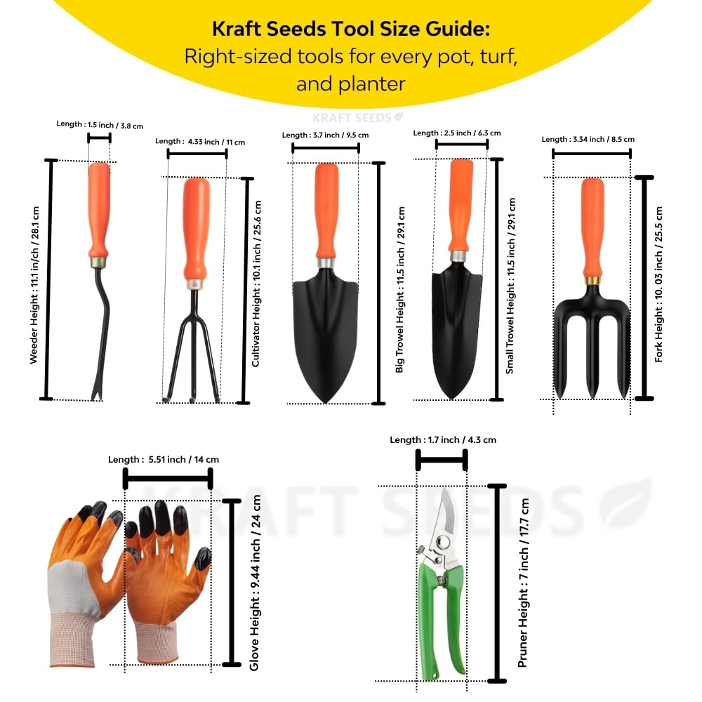 Kraft Seeds Home Tools: 7Pcs Gardening Tools Kit for Home Garden - Cultivator, Fork, Trowels, Weeder, Gloves, Pruner Cutter - Durable Stainless Steel Gardening Items for Indoor and Outdoor Use