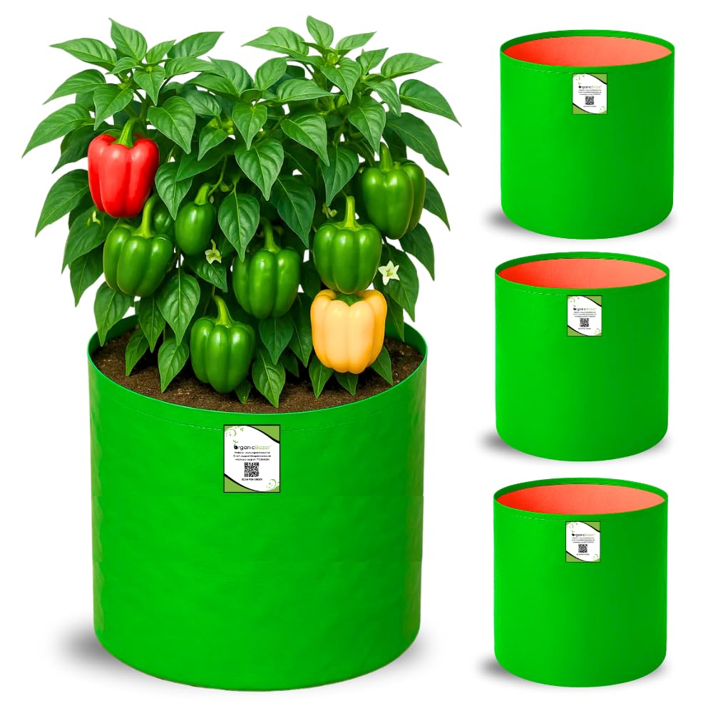 ORGANIC BAZAR 12x12 Grow Bags for Terrace Garden, Premium HDPE Green-Orange Planters for Vegetable Plants for Indoor-Outdoor Garden (Pack of 10)