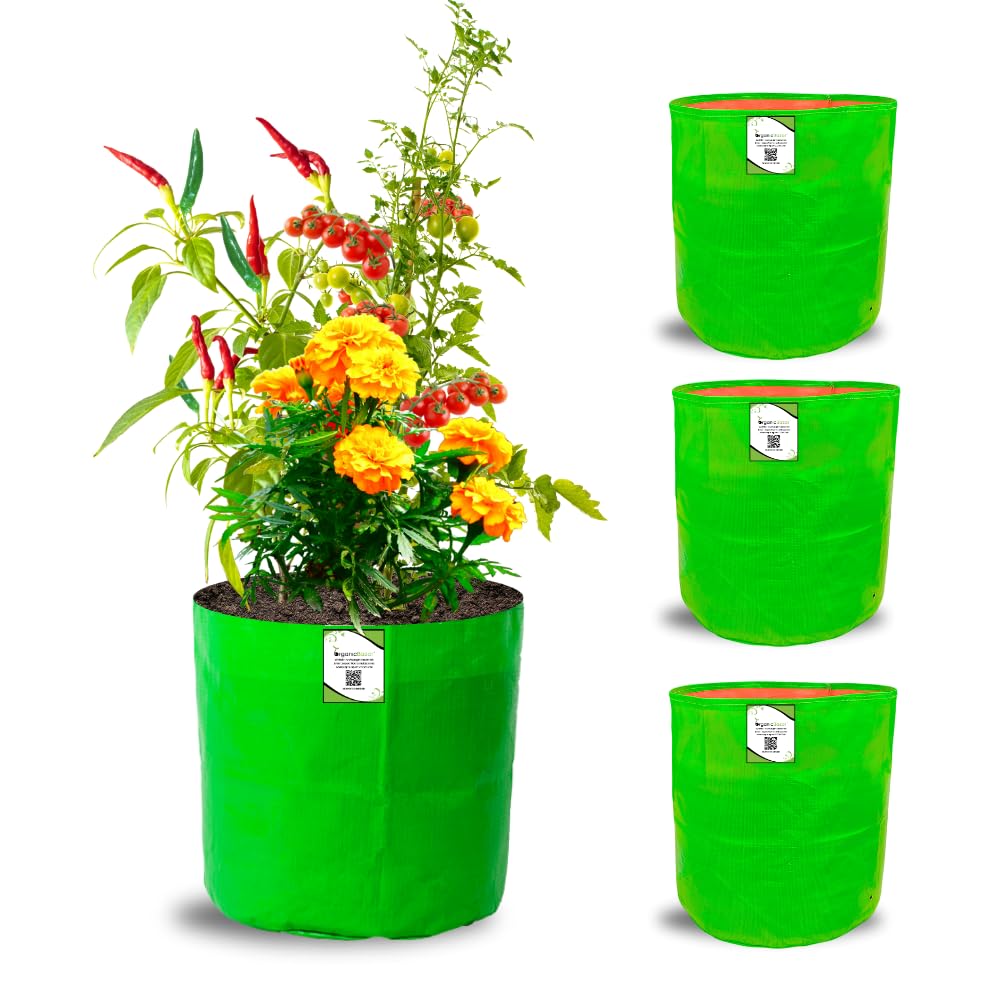 ORGANIC BAZAR 12x12 Grow Bags for Terrace Garden, Premium HDPE Green-Orange Planters for Vegetable Plants for Indoor-Outdoor Garden (Pack of 10)