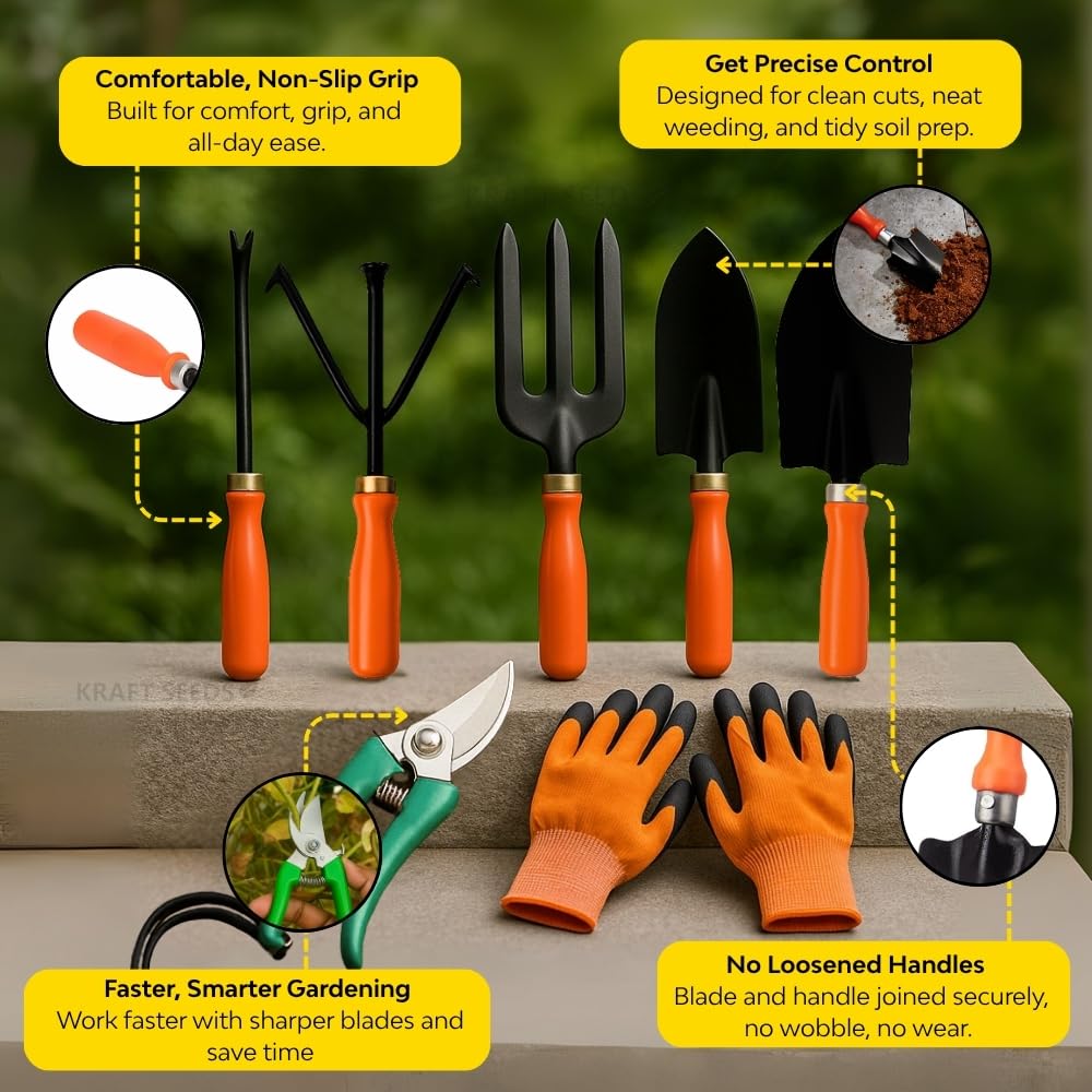 Kraft Seeds Home Tools: 7Pcs Gardening Tools Kit for Home Garden - Cultivator, Fork, Trowels, Weeder, Gloves, Pruner Cutter - Durable Stainless Steel Gardening Items for Indoor and Outdoor Use