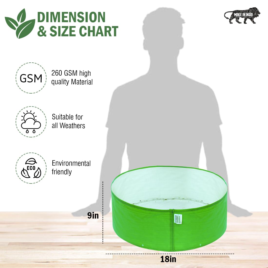 Anandi Green's Hdpe Uv Protected 260 GSM Round Green Colour Plants Grow Bags Suitable for Terrace and Vegetable Gardening 18x6 inch Pack of 4