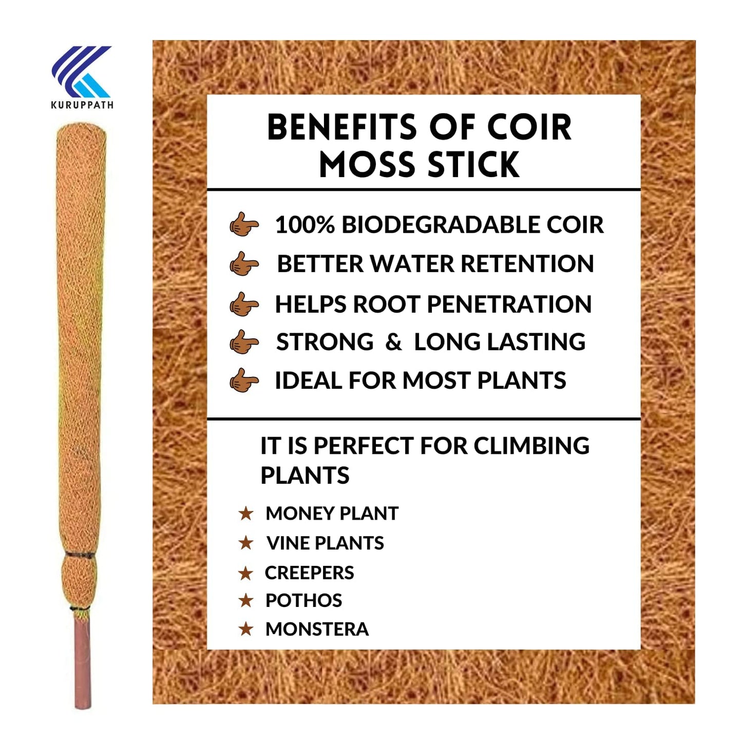 KURUPPATH GROUP Coir Moss Stick/Coco Pole for Climbing Indoor Plants (Pack of 8) (5 Feet)