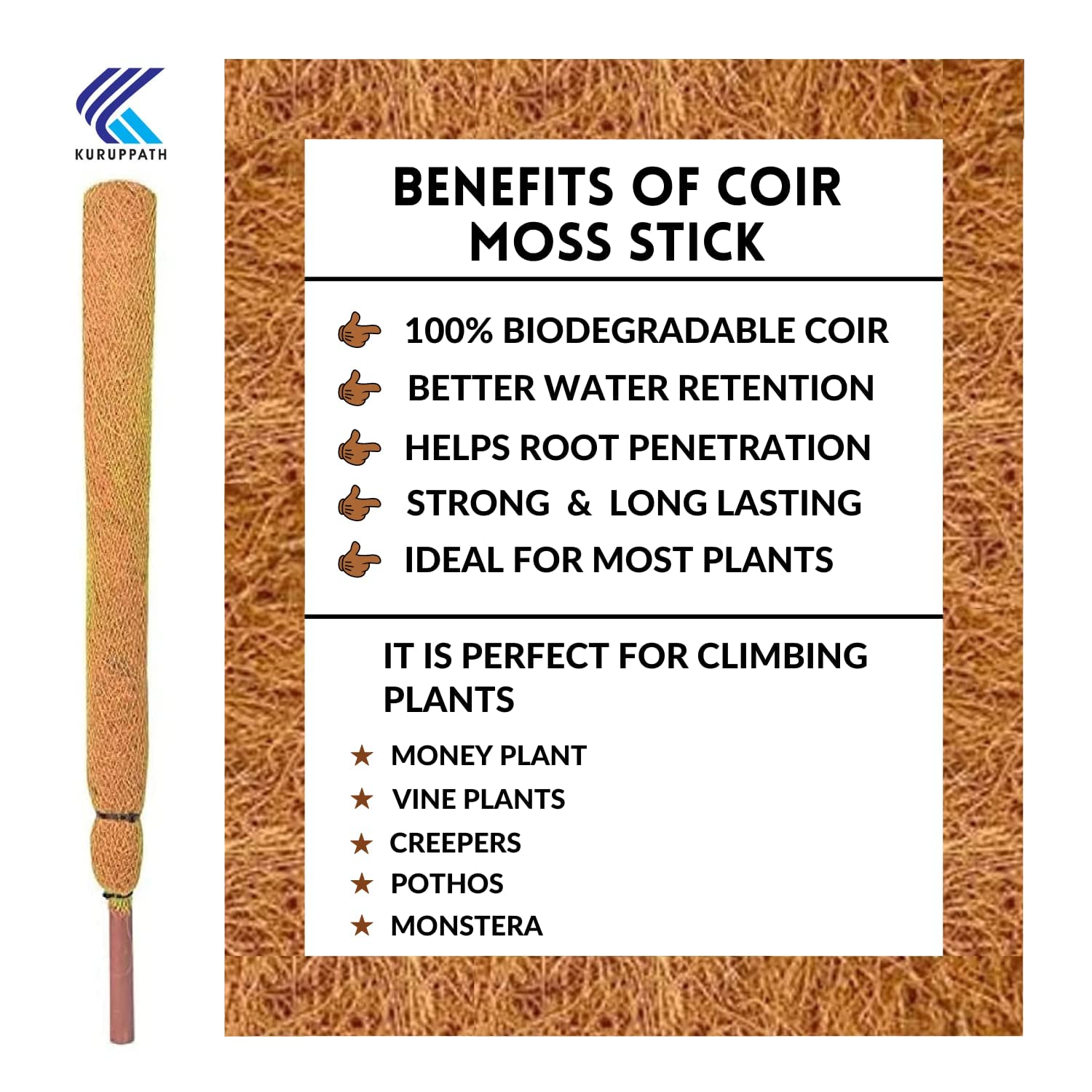 KURUPPATH GROUP Coir Moss Stick/Coco Pole for Climbing Indoor Plants (Pack of 8) (5 Feet)