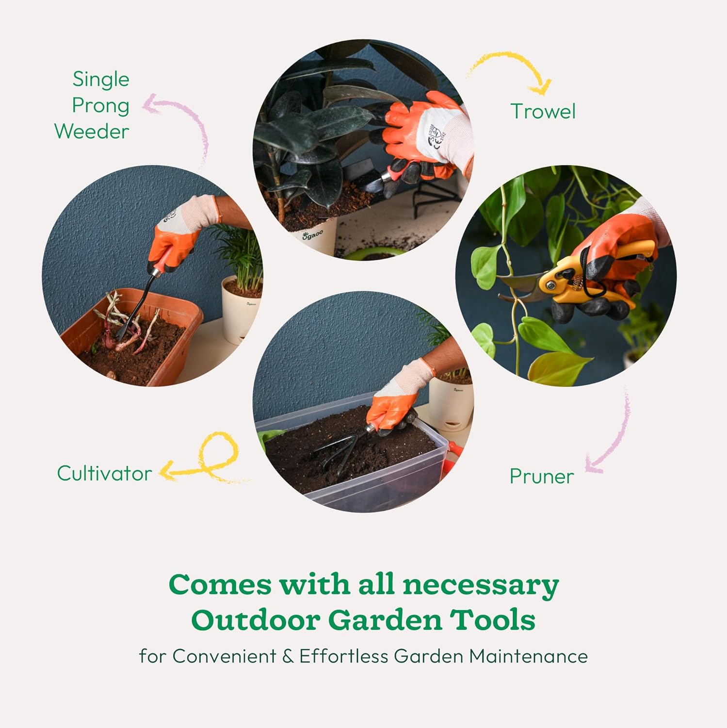 UGAOO Outdoor Gardening Tool Kit for Balcony, Home | 10 Pcs | Cultivator, Weeder, Trowel, Pruner, Spray Pump, Watering Can Vermicompost, Plant Tonic Spray, Neem Guard Spray, Gloves