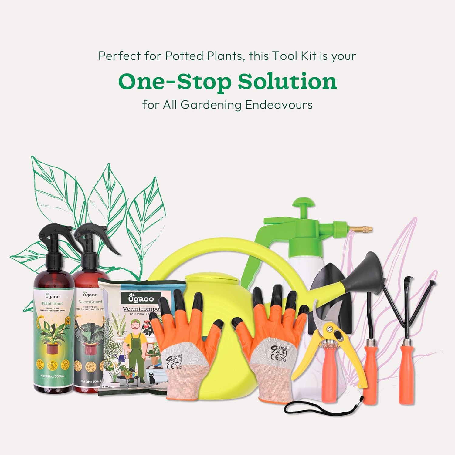 UGAOO Outdoor Gardening Tool Kit for Balcony, Home | 10 Pcs | Cultivator, Weeder, Trowel, Pruner, Spray Pump, Watering Can Vermicompost, Plant Tonic Spray, Neem Guard Spray, Gloves