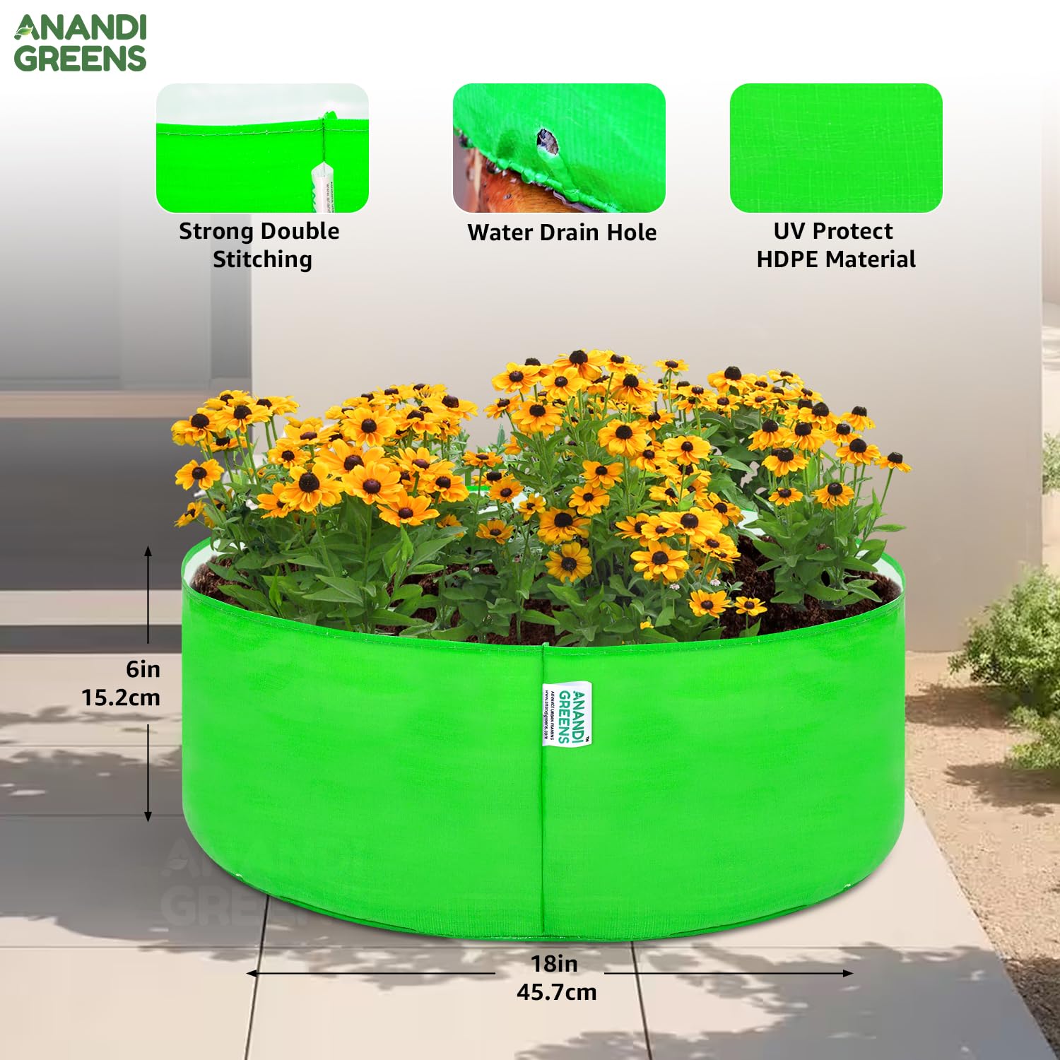 Anandi Green's Hdpe Uv Protected 260 GSM Round Green Colour Plants Grow Bags Suitable for Terrace and Vegetable Gardening 18x6 inch Pack of 4