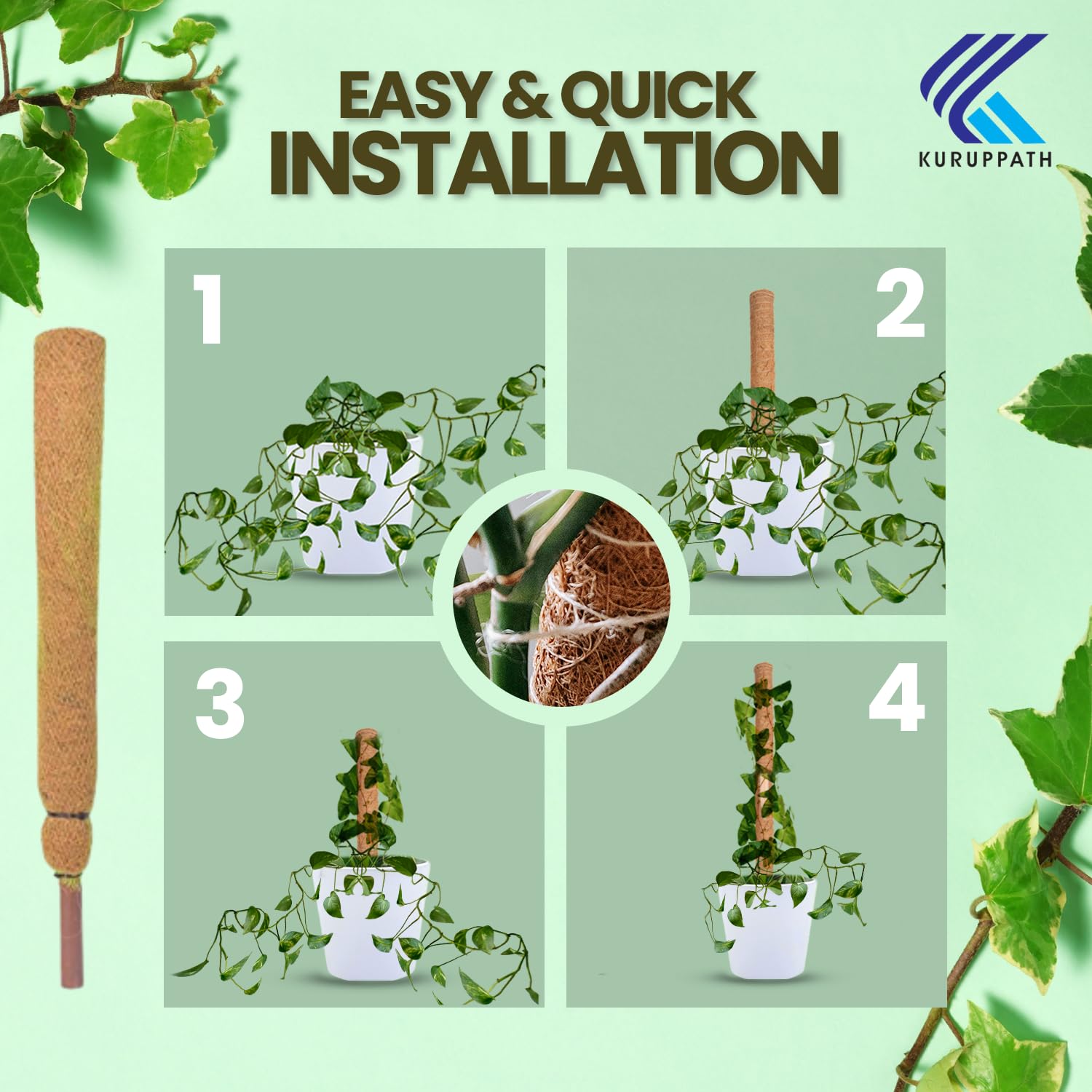 KURUPPATH GROUP Coir Moss Stick/Coco Pole for Climbing Indoor Plants (Pack of 8) (5 Feet)