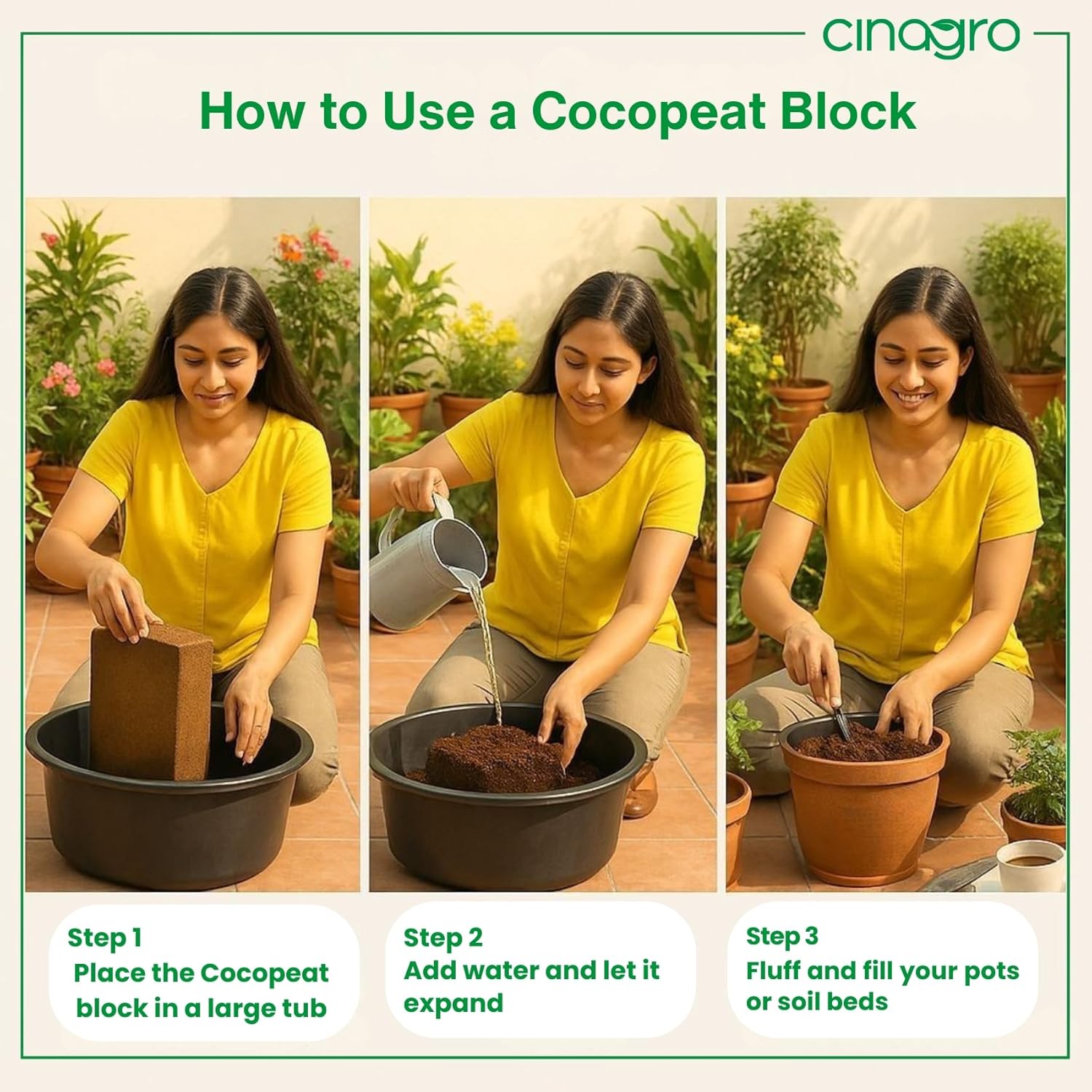 Cinagro Cocopeat (1 Kg Block, Expand up to 25 litres or 3 Kgs Cocopeat Powder), Natural Coconut Coir Fibres, Organic Fertilizer for Home Gardening, Potted Plants, Pure Cocopeat Block for Plants