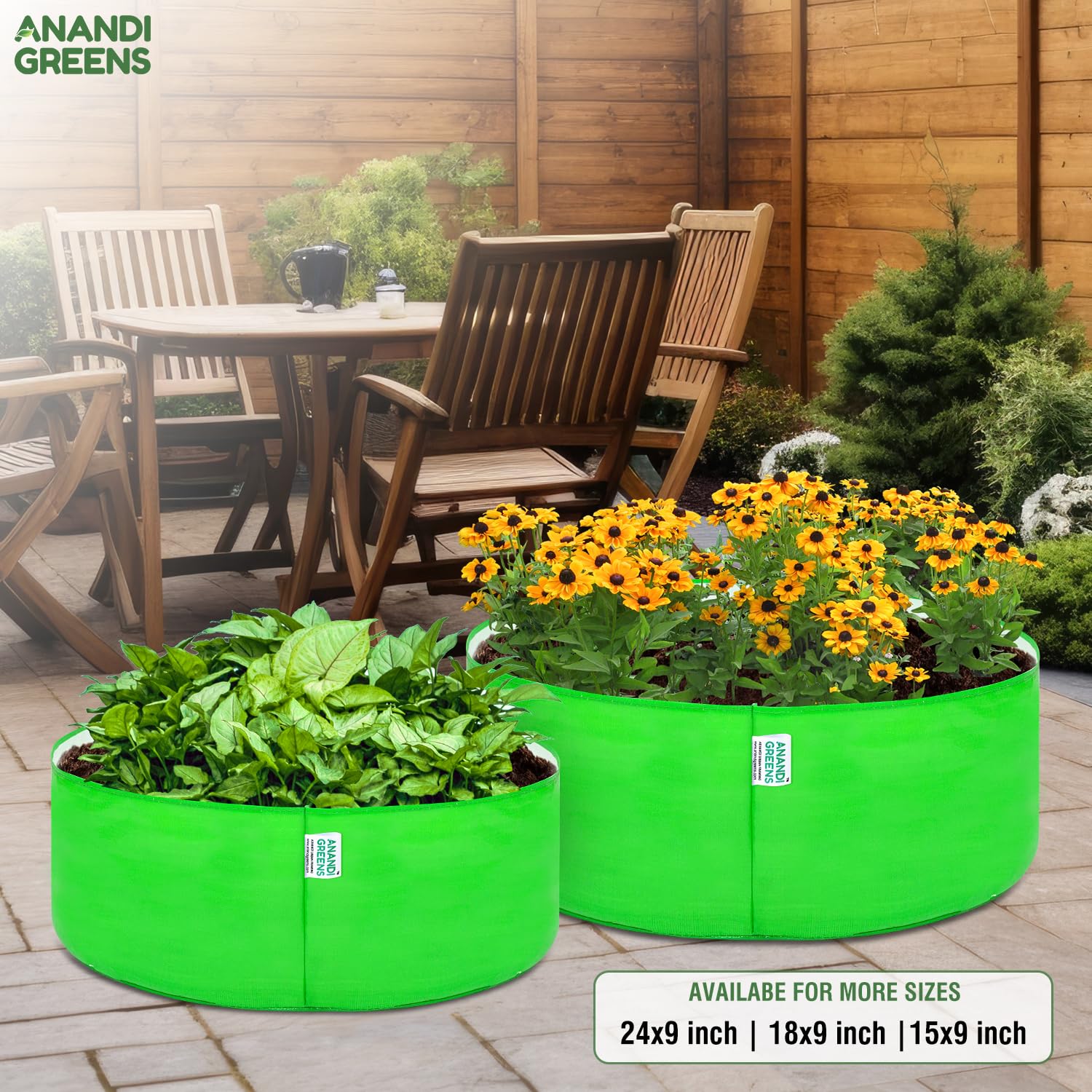Anandi Green's Hdpe Uv Protected 260 GSM Round Green Colour Plants Grow Bags Suitable for Terrace and Vegetable Gardening 18x6 inch Pack of 4