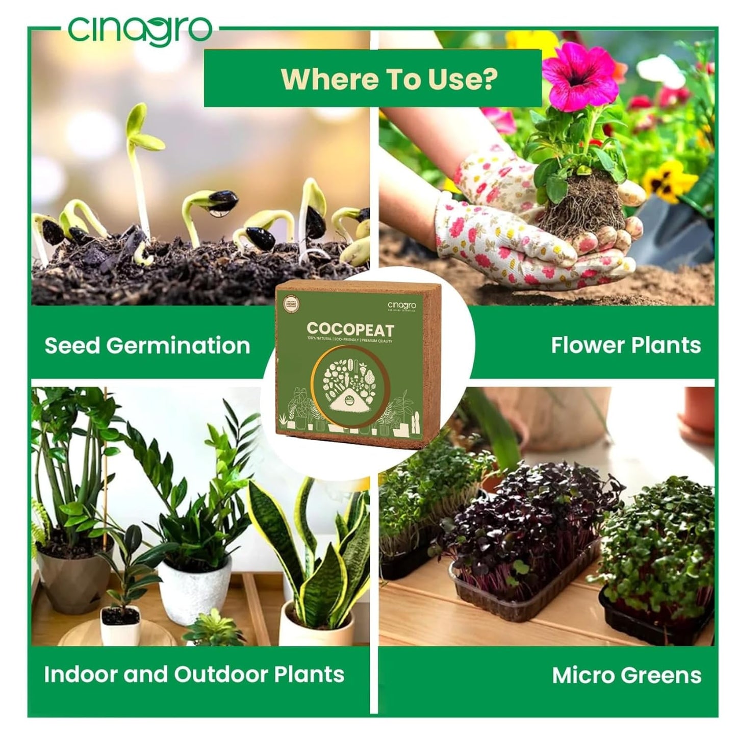 Cinagro Cocopeat (1 Kg Block, Expand up to 25 litres or 3 Kgs Cocopeat Powder), Natural Coconut Coir Fibres, Organic Fertilizer for Home Gardening, Potted Plants, Pure Cocopeat Block for Plants