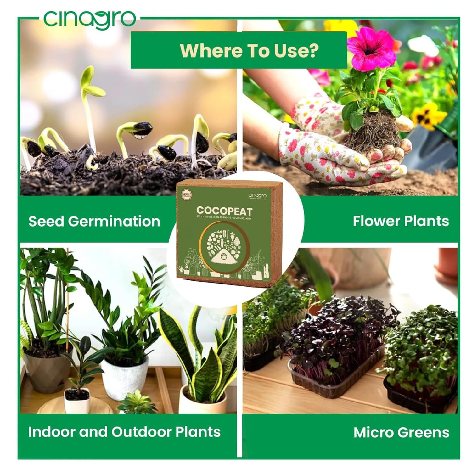 Cinagro Cocopeat (1 Kg Block, Expand up to 25 litres or 3 Kgs Cocopeat Powder), Natural Coconut Coir Fibres, Organic Fertilizer for Home Gardening, Potted Plants, Pure Cocopeat Block for Plants
