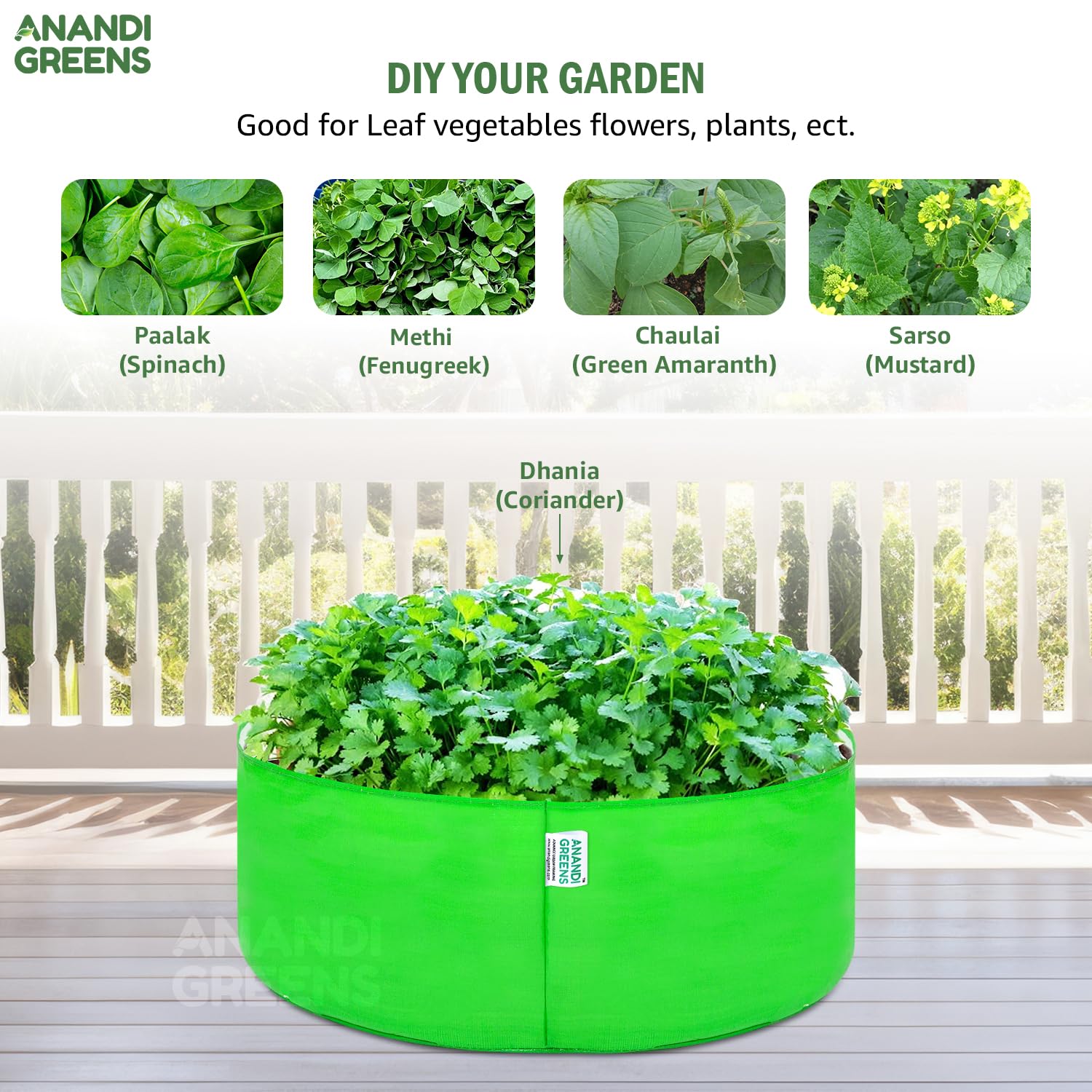 Anandi Green's Hdpe Uv Protected 260 GSM Round Green Colour Plants Grow Bags Suitable for Terrace and Vegetable Gardening 18x6 inch Pack of 4