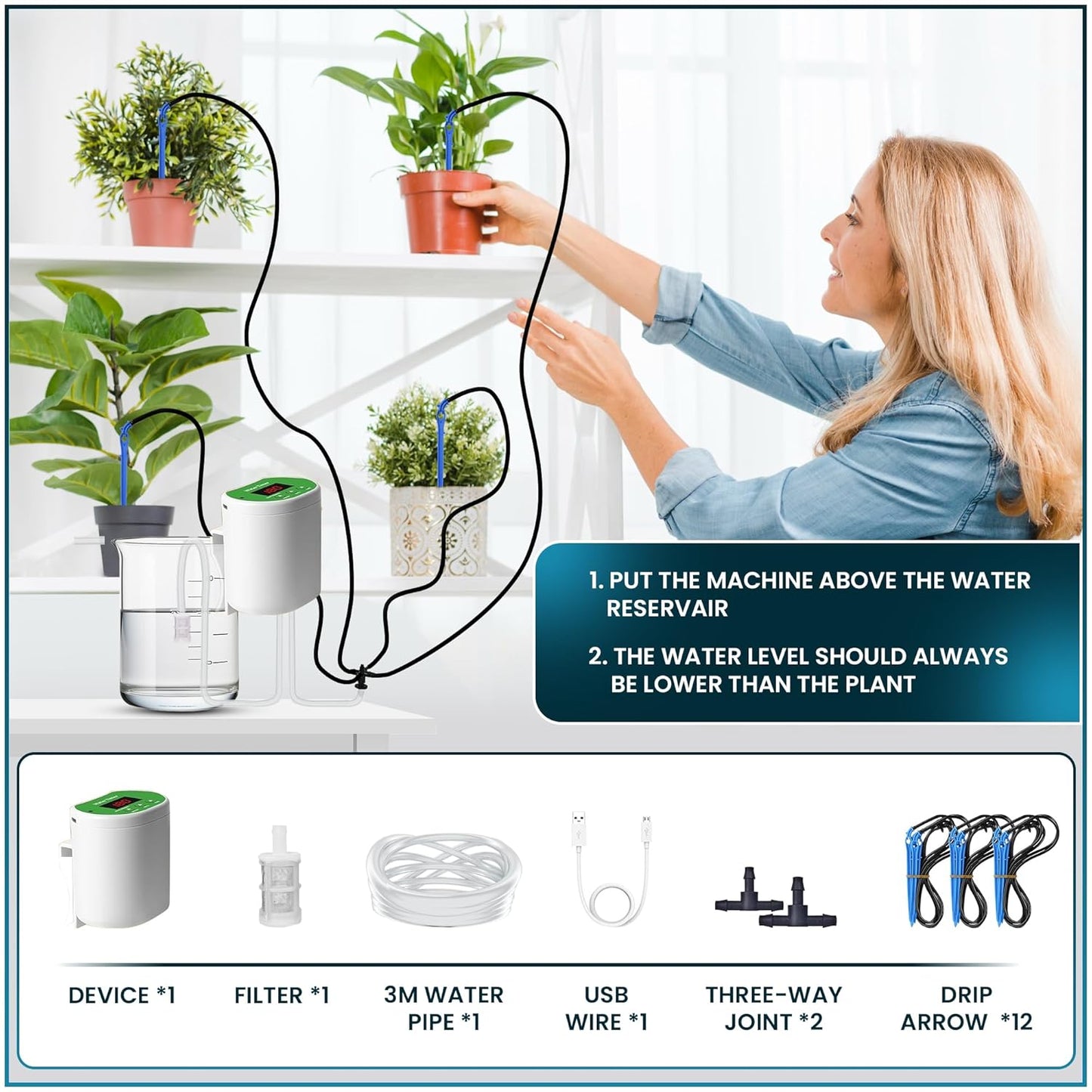 Blackt Electrotech BT29AD0I Automatic Plant Watering System – USB Rechargeable Drip Irrigation Kit with Smart Timer for 12 Indoor Potted Plants, Self-Watering Vacation Solution