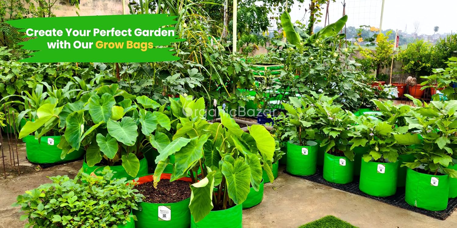 ORGANIC BAZAR 12x12 Grow Bags for Terrace Garden, Premium HDPE Green-Orange Planters for Vegetable Plants for Indoor-Outdoor Garden (Pack of 10)